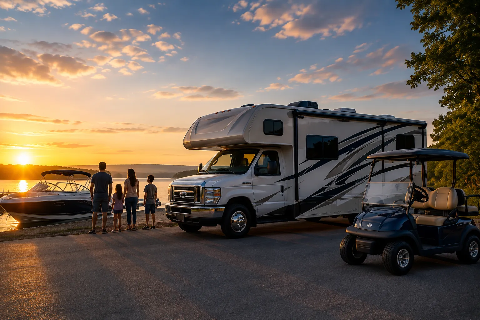 An RV, a boat and a golf cart parked by the water at sunset.